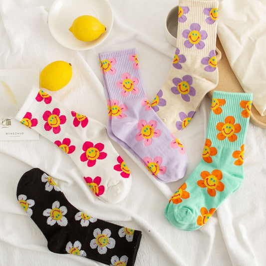 Socks Women's Smiling Flower Female Middle Tube Socks SUNFLOWER Jacquard Socks