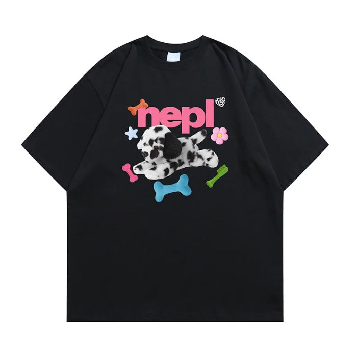 Trend Cartoon Vintage Spotted Dog Printed Short-sleeved T-shirt