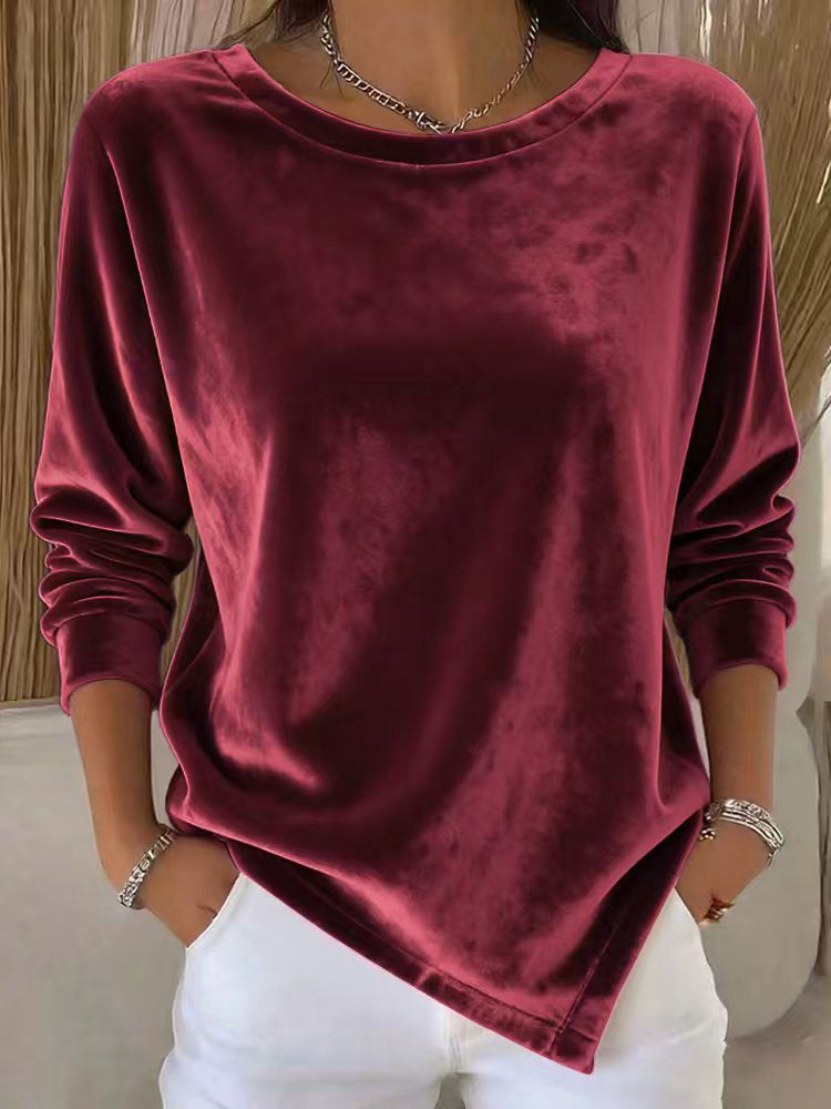 Womens Round-Neck Velvet Solid-Color Long-Sleeve Blouse
