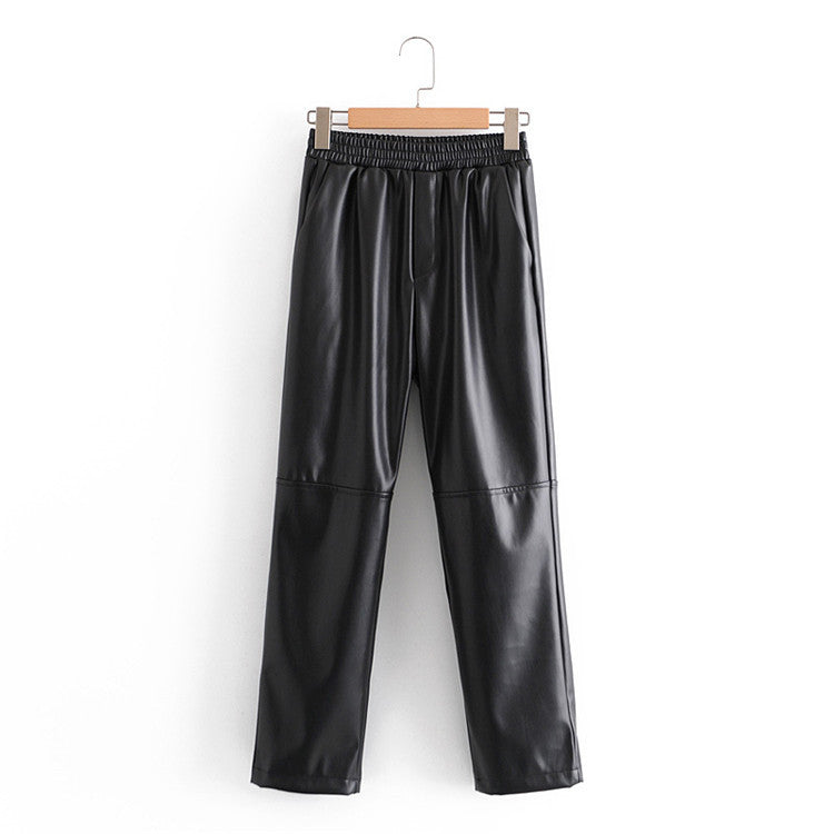 Casual Fashion All-match Solid Color Imitation Leather Pants