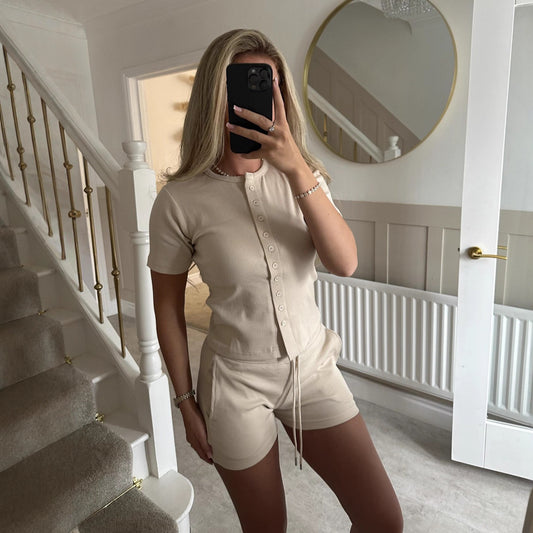 Button-front Cardigan Short-sleeve Top And Tie-waist Shorts Two-piece Set
