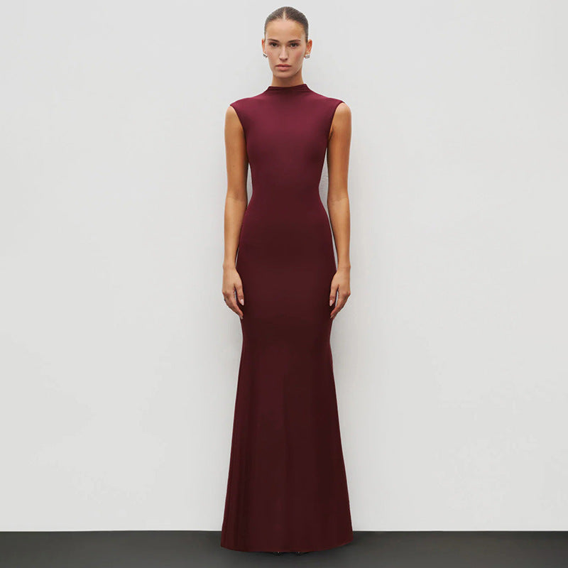Solid Colored Casual Elegant Stand Neck Sleeveless Bodycon Mermaid Long Dress