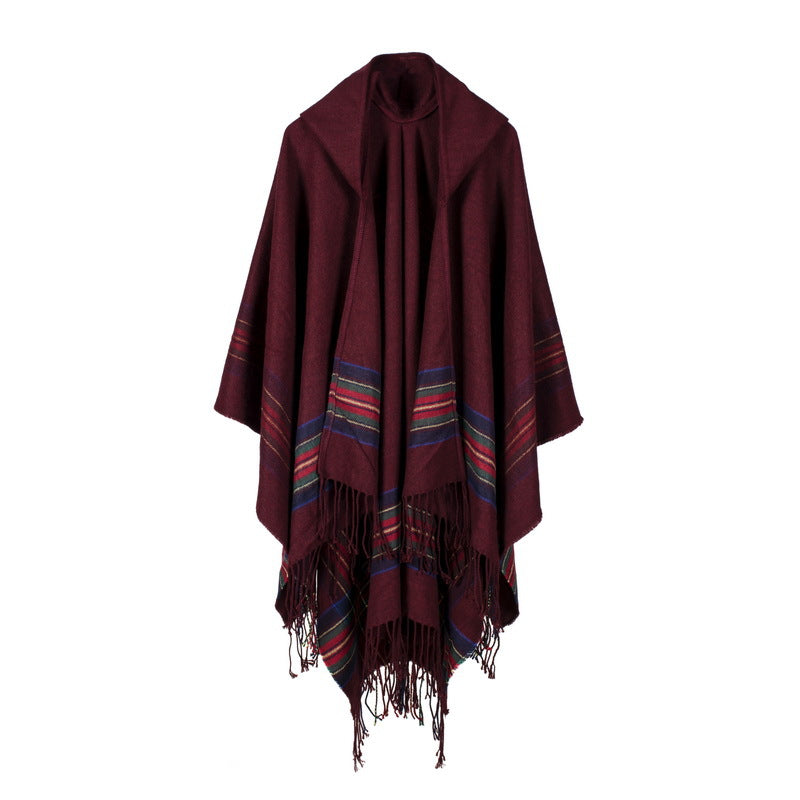 Women's thick color stripsimitation cashmere jacquard shawl can wear warm long fashion hooded cloak