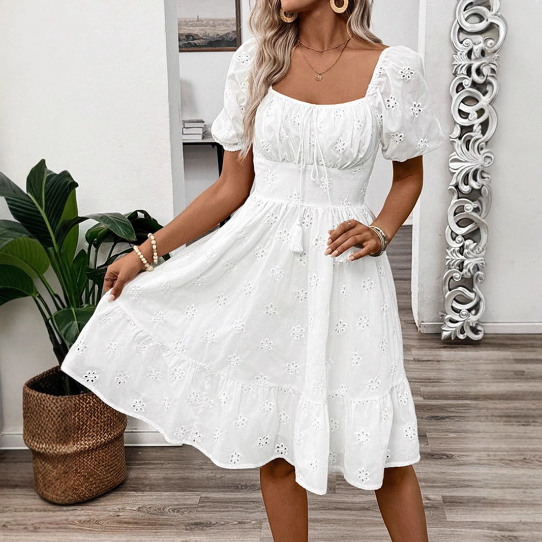 Solid-color Square-neck Short-sleeve Dress