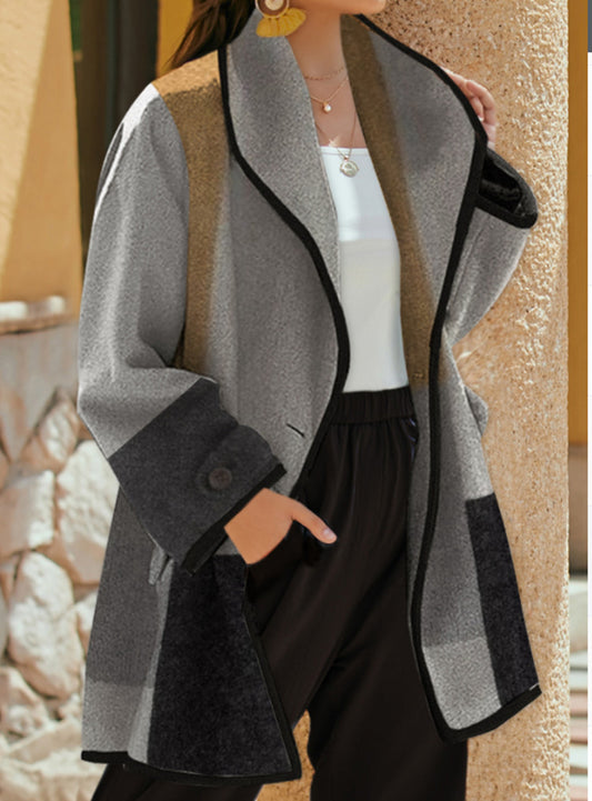 Ladies Fashion Autumn And Winter Plaid Color Matching Lapel