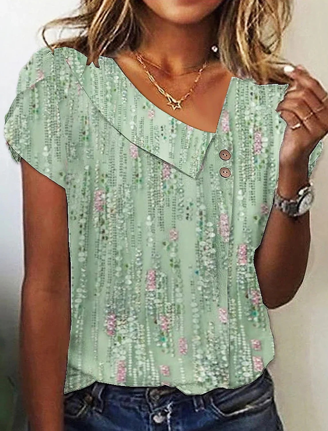 Women's Top Button V-neck T-shirt