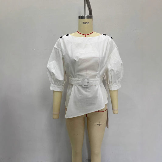 Elegant Shirt With A Belt And Three-quarter-length Sleeves