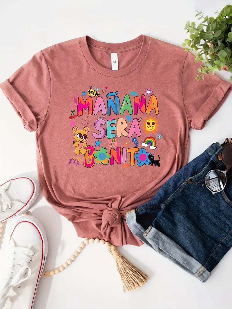 Round Neck Bear Letter Pattern Printed Short Sleeve