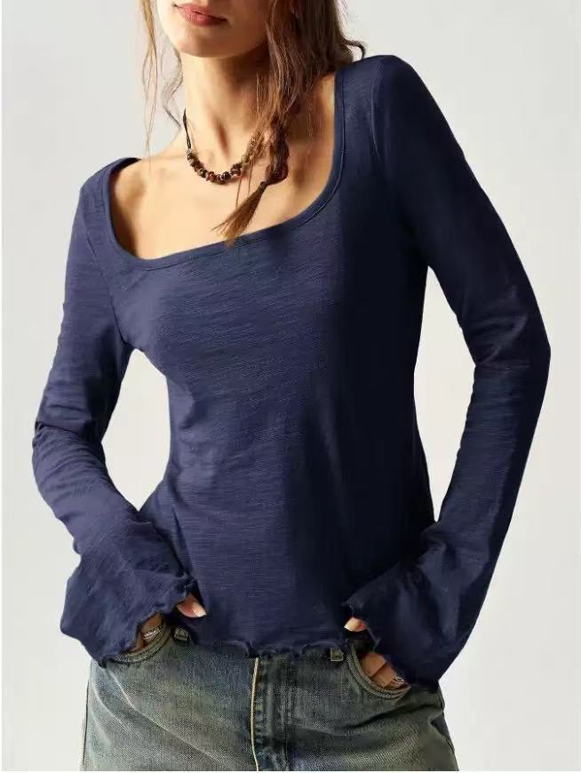 Womens Casual Solid-Color Knitted Top With A Square Neck And Flared Sleeves