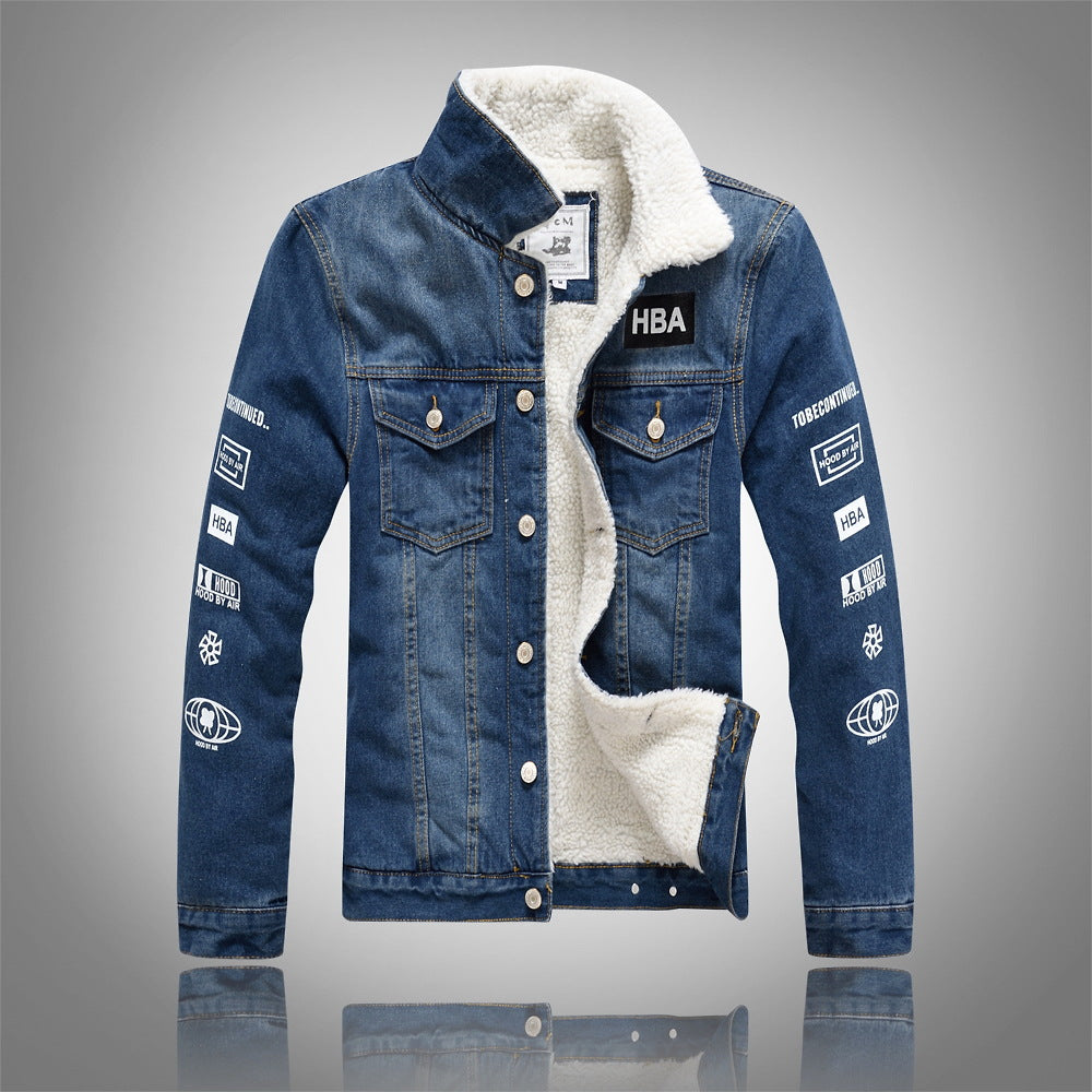 Trendy slim-fit lamb velvet thick denim jacket