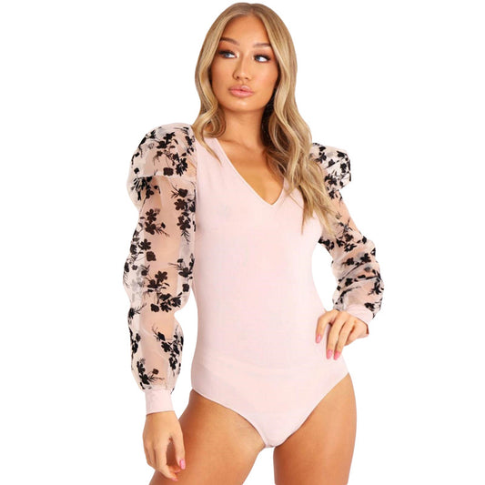 Women's mesh embroidered long-sleeved slim V-neck jumpsuit