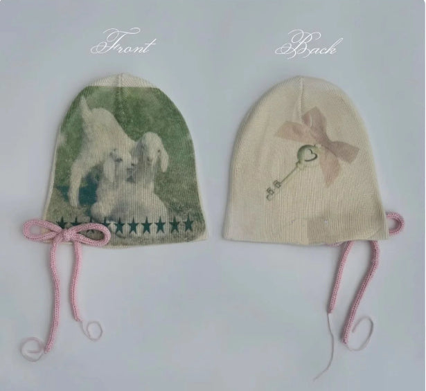 Printed Bow Knit Hat, Warm Ear-covering Beanie, Flattering And Versatile