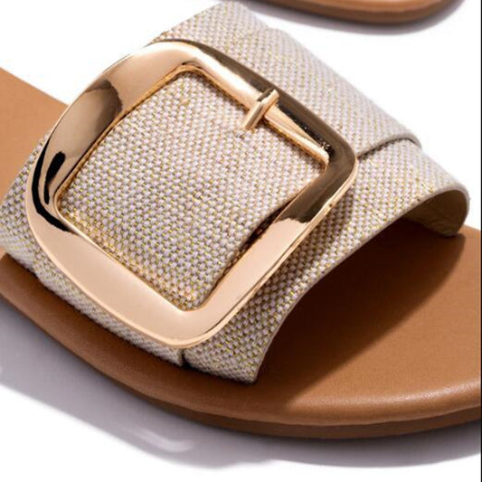 Buckle Slippers Leopard Print Sandals Women Summer Flat Beach Shoes