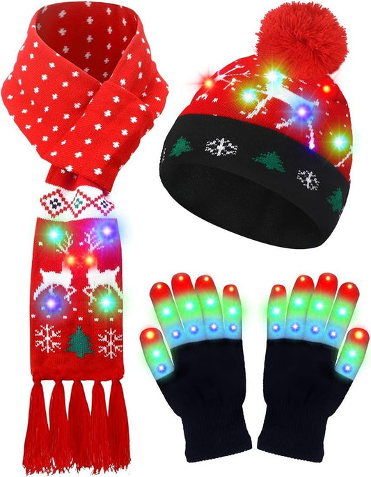 LED Christmas Knitted Hat Scarf Gloves Three-piece Set