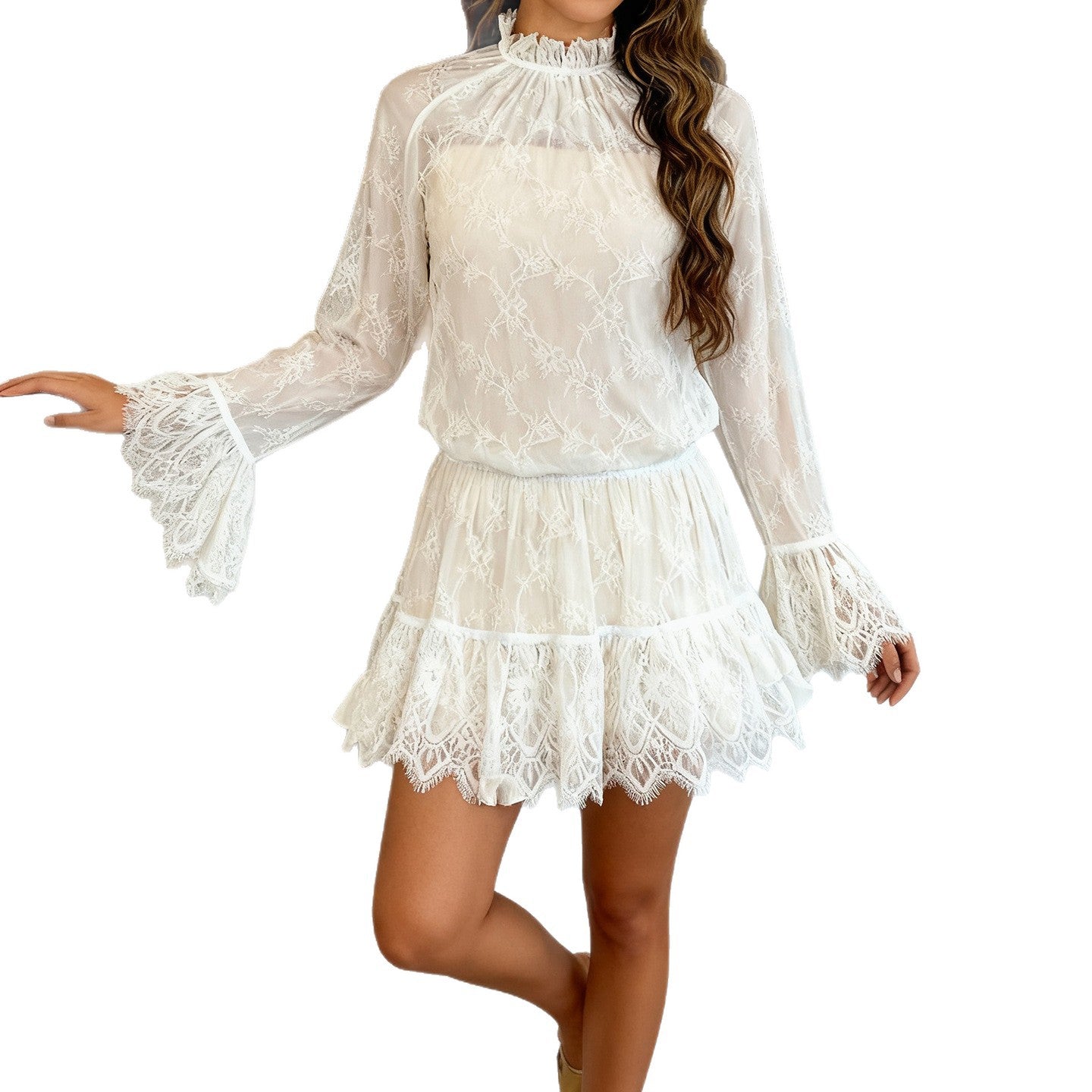 Round-neck Flared-sleeve Loose-fit Short Skirt Two-piece Set