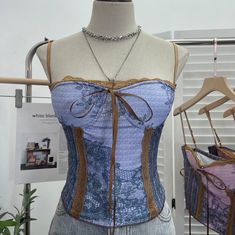 Vintage Ink Painting With Chest Pad Short Lace Up Tube Top For Women