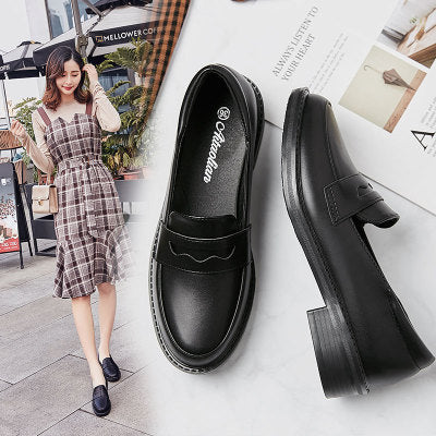 Små Lædersko Kvindelige Britisk Stil Tyk Hæl Sorte Retro Japanske Loafers Mid-hæl Sko