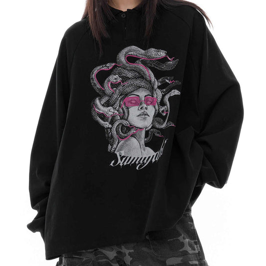 Strikket Medusa Slange År Polotrøje Langærmet T-shirt Top Efterår og Vinter Sort Undertrøje