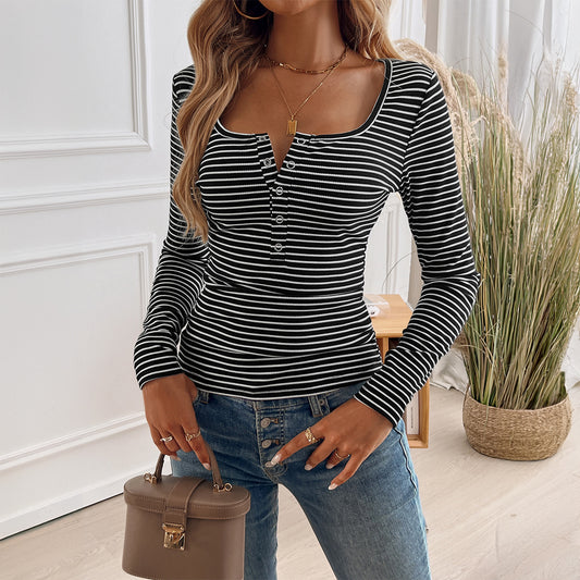 Elegant Slim U-hals Stribet Langærmet Top T-shirt med Knapper