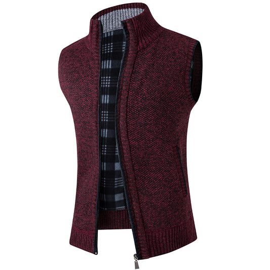 Efterårs- og vintercardigan-sweater-vest, herre, med standkrave, fleeceforet, tyk frakke