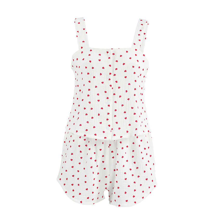 100 Cotton Designer Square-Neck Cami Top And Shorts Set With Heart Print Two-Piece Outfit