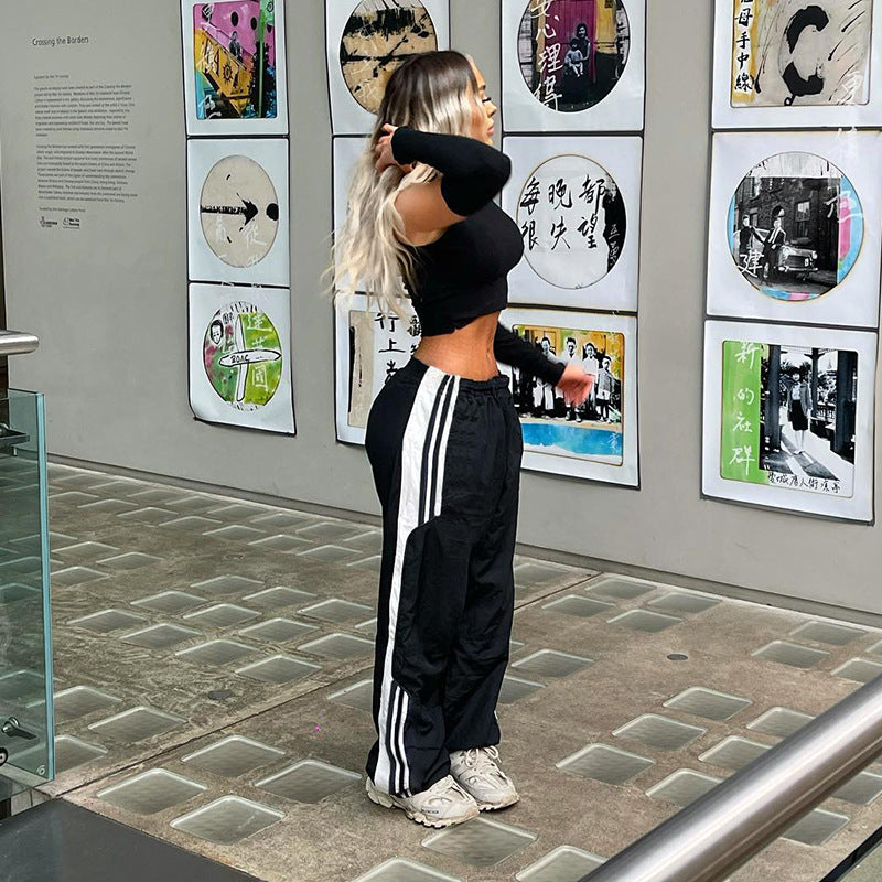 Women's New Side Seam White Stripe Color Matching Loose High-waist Casual Pants