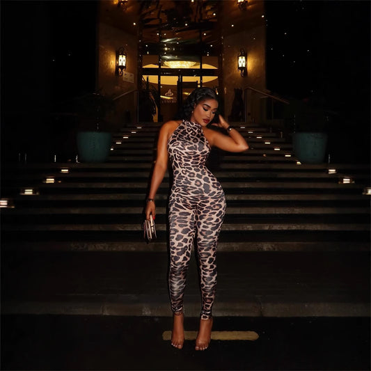 Kvinders slim-fit sexet jumpsuit med leopardprint, strækbar og ærmeløs