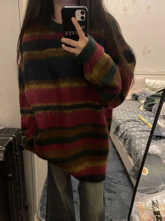 American Retro Contrast Color Striped Soft Glutinous Sweater