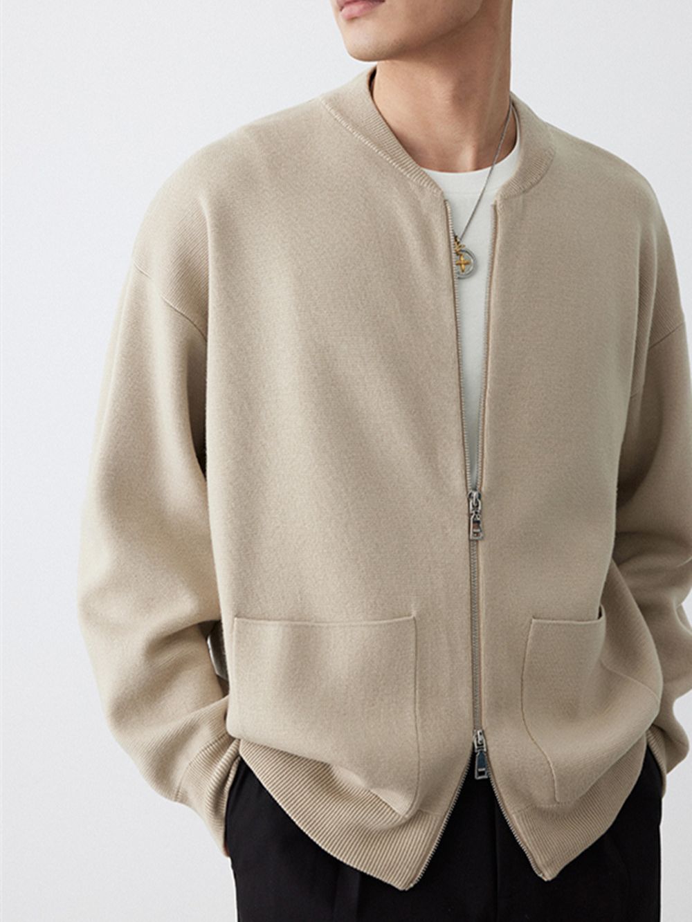 Heavy Two-way Zipper Knitted Cardigan Simple Casual Baseball Collar Sweater