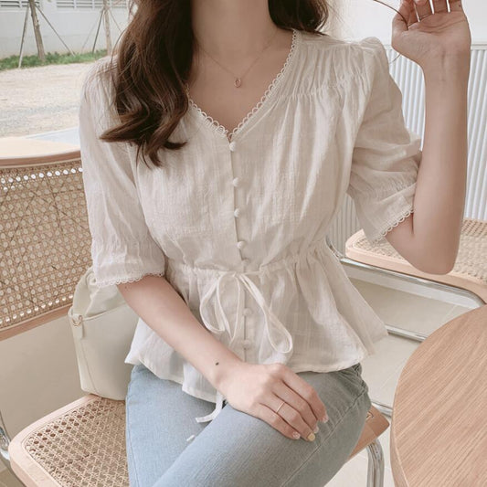New Sweet Women'S Shirt V-Neck Waist Closing Lace Patchwork Shirt