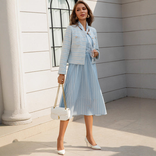 French-style Women's Elegant Tweed Jacket With Plaid Countryside Dress Set