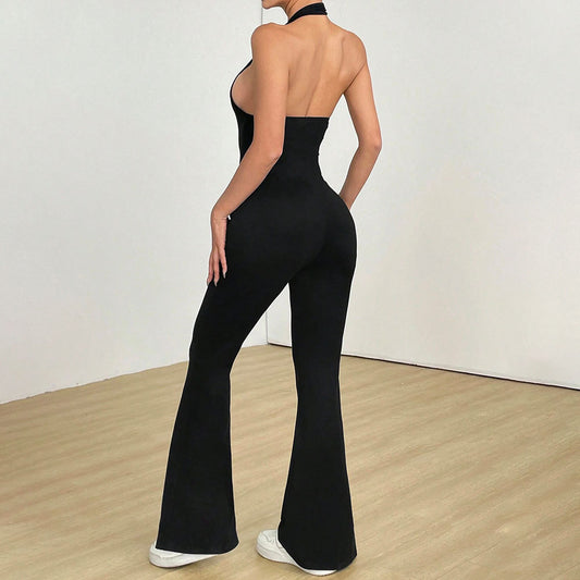 Rynket kropsnær heldragt med udskåret ryg, ny sommerankomst, one-piece jumpsuit, numse-løftende sports- og fitnessdragt
