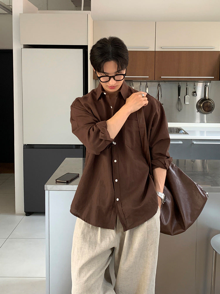 Men's Solid Color Cotton And Linen Long-sleeved Shirt