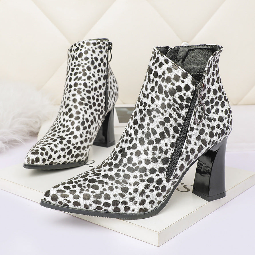 Pointed Martin Net Red Leopard Print Single Boots Thick Heel Side Zipper
