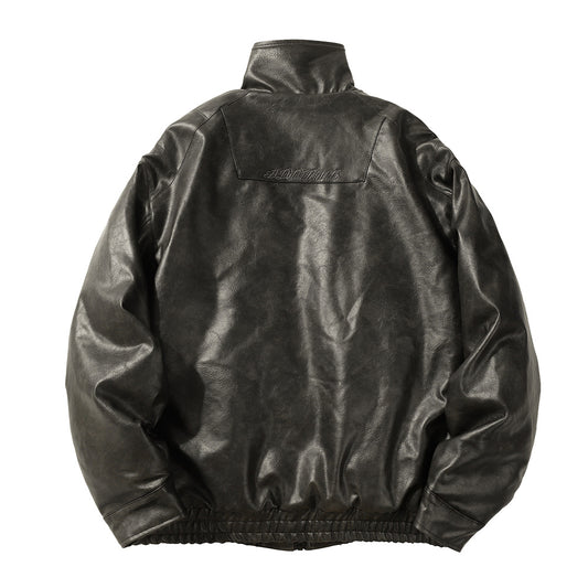 PU Leather Cotton Padded Coat Men's Rock Windproof Winter Stand Collar Loose