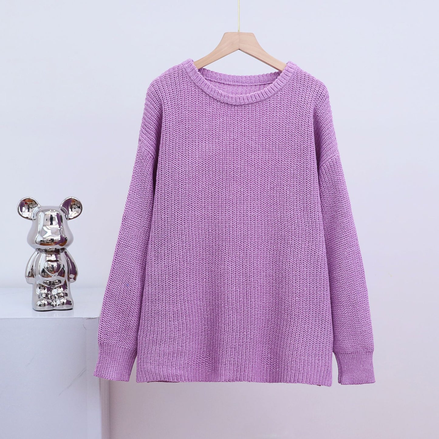 Relaxed-fit Crew-neck Solid-color Long-sleeve Laid-back Style