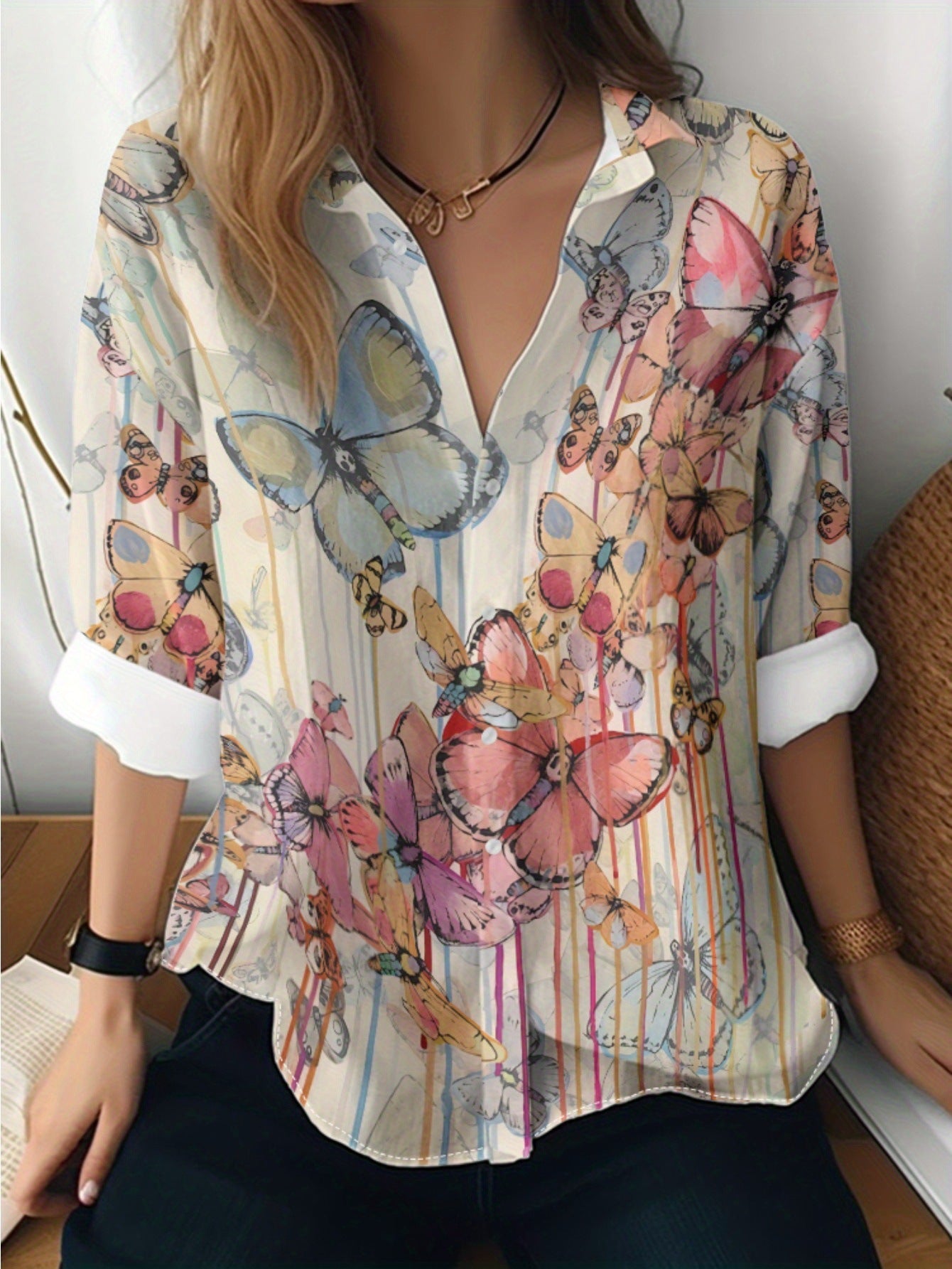 Women's 3D Printed Floral Pattern Long-sleeved Shirt