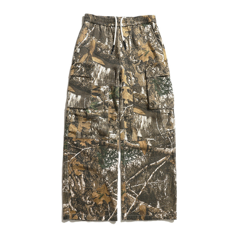 Retro Washed Distressed Camouflage Multi-pocket Wide-leg Draggle-tail Trousers