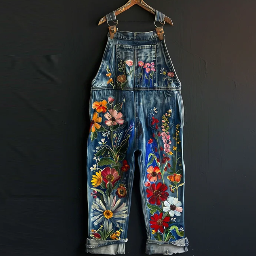 Kunst Oliemaleri Plante Blomsterprint Denim Jumpsuit