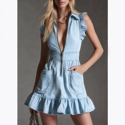 Fashionable Ruffled Sleeveless Denim Dress For Women