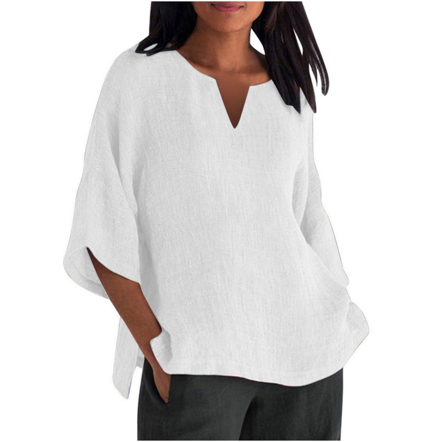Women's Three-quarter Sleeve Round Neck Cotton And Linen Shirt Top