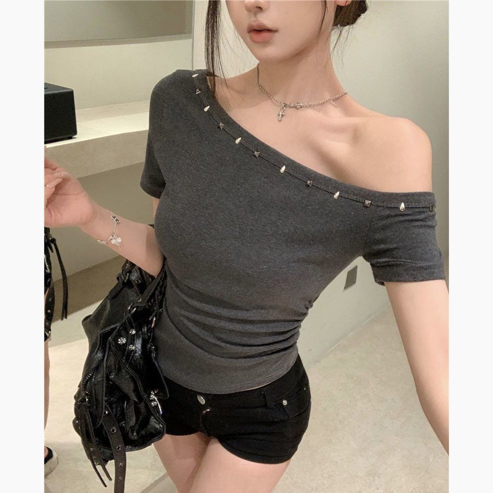 Womens Asymmetrical Off-Shoulder Short-Sleeve Slim-Fit Top