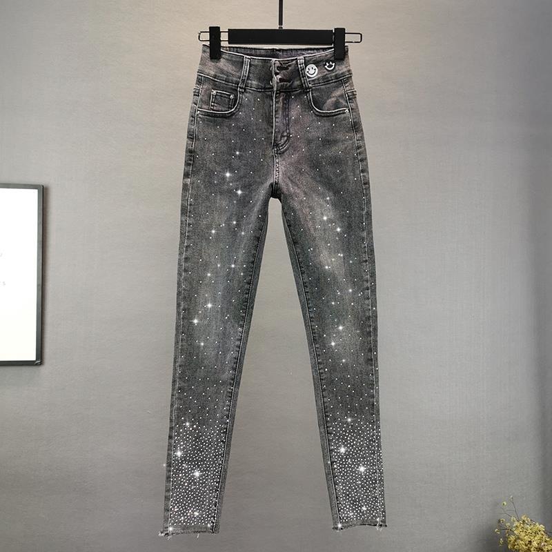 Elastiske Slim Fit Slankende Kraftig Broderi Hot Drilling Tapered Pencil Bukser