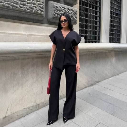 European And American Women's Clothing Button Top Wide Leg Pants Suit