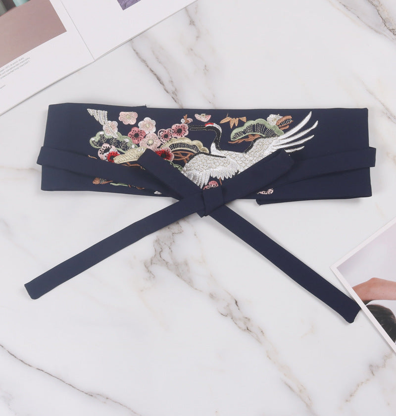 Flower Crane Embroidery Bow Tie Tie Belt Waist Seal