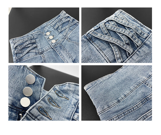 Small Man Waist Cross Woven Super High Waist Tummy Denim Shorts Women