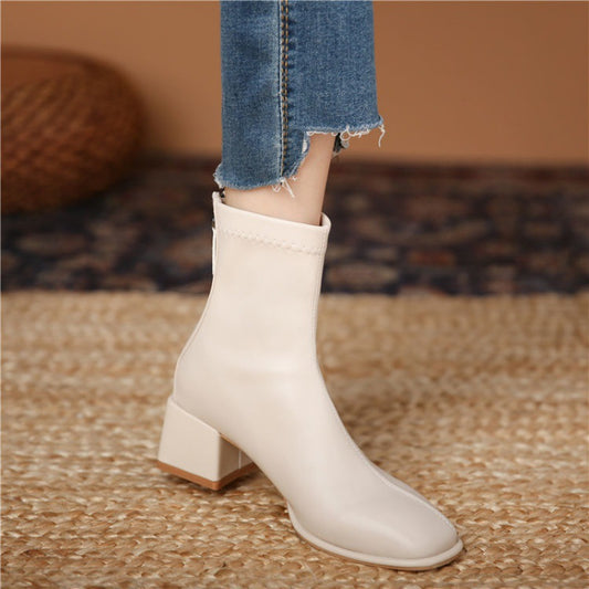 Women's Thick-heel Square Toe Mid-tube Martin Boots