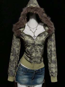 Retro Alphabet Embroidered Autumn And Winter Fur Collar Hood Cardigan Coat Sweatshirt