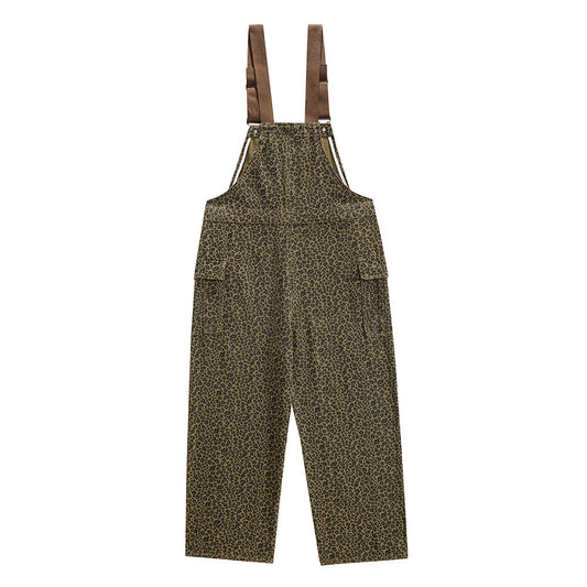 Leopard Print Denim Suspender Pants Men's High Street Loose