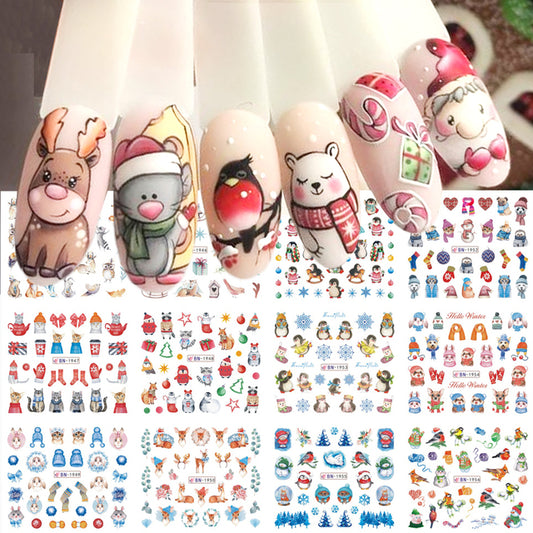 12pcs Cute Christmas Nail Stickers Cartoon Animal Design Pen